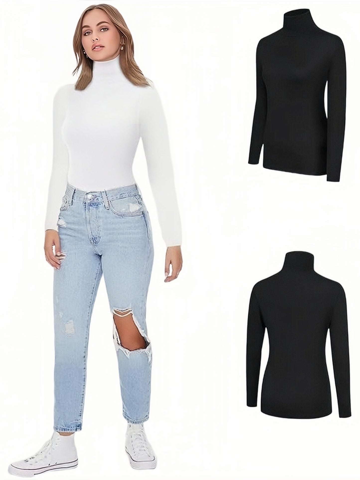 2-Pack Women'S Warm High Neck Turtleneck Long Sleeve Shirts, Casual Solid Color Knit Fabric Tops, Polyester 90% Spandex 10%, Regular Length for Fall/Winter
