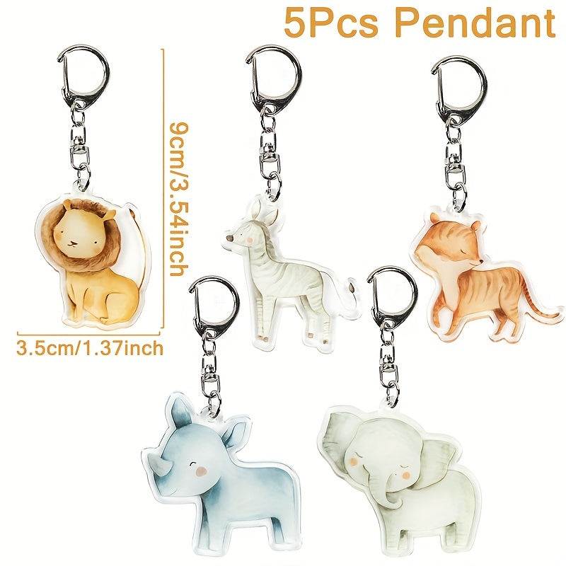 Animal Keychain Set - 5Pcs Cartoon Acrylic Key Rings, Cute Animal Charms for Handbags, Backpacks, Wedding, Birthday Favors - Plastic Keychain Accessories with Various Animal Designs for General Use