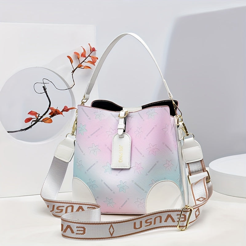 Trendy Ombre Bucket Bag, Letter Print Handbag, Fashion Buckle Decor Handbags, Women'S Every Day Purses