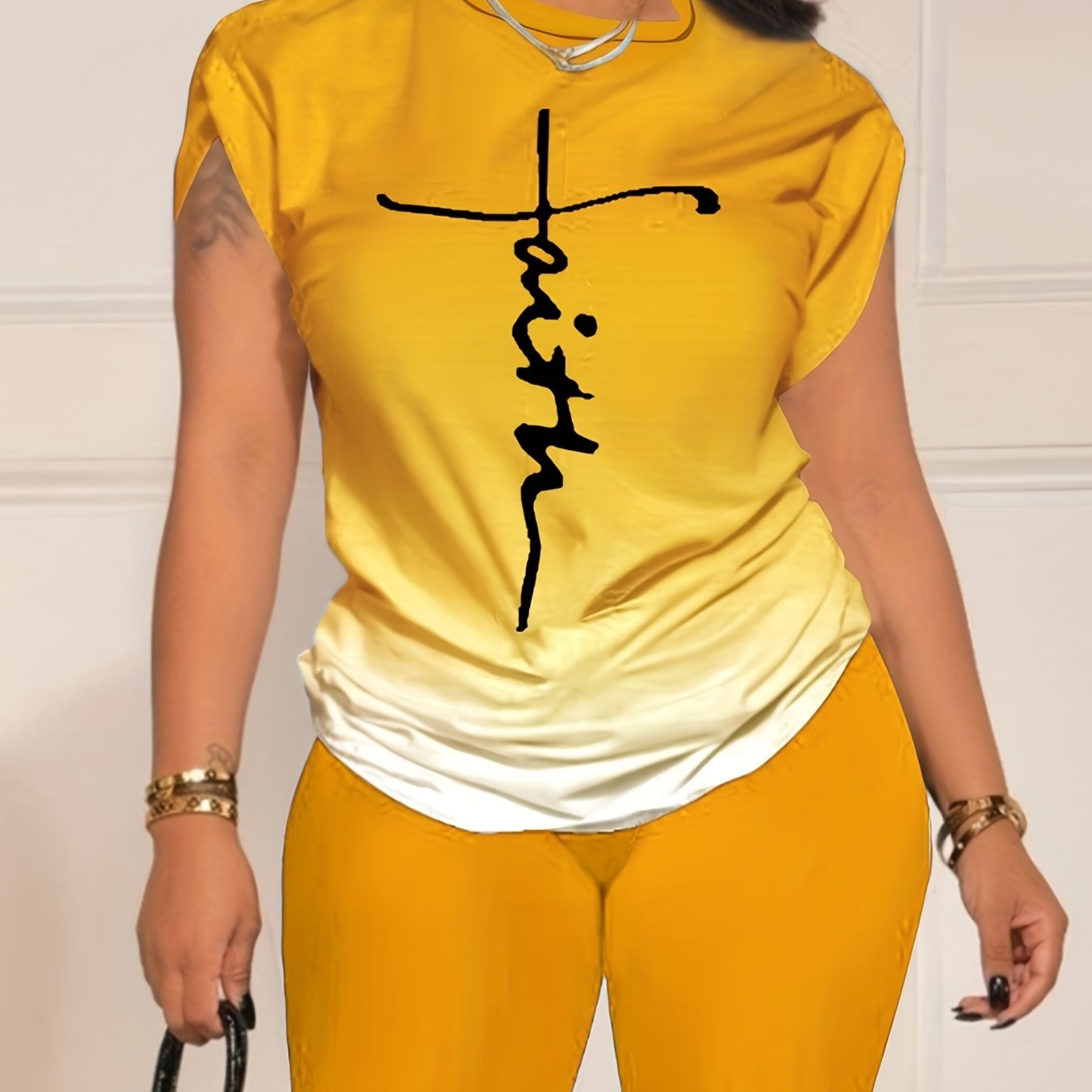 Casual Daily Two-piece Set, Faith Letter Print Short Sleeve Tops & Solid Shorts Outfits, Women's Clothing