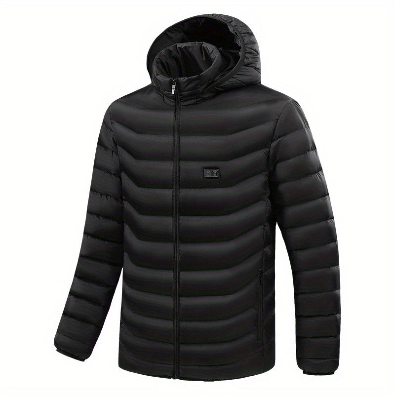 Men's Lightweight Heated Jacket - USB-Powered, Quilted Winter Coat with Adjustable Temperature Control, Zip-Up Hooded Design, Long Sleeves, Outdoor Warmth (Battery Not Included), Winter Jacket