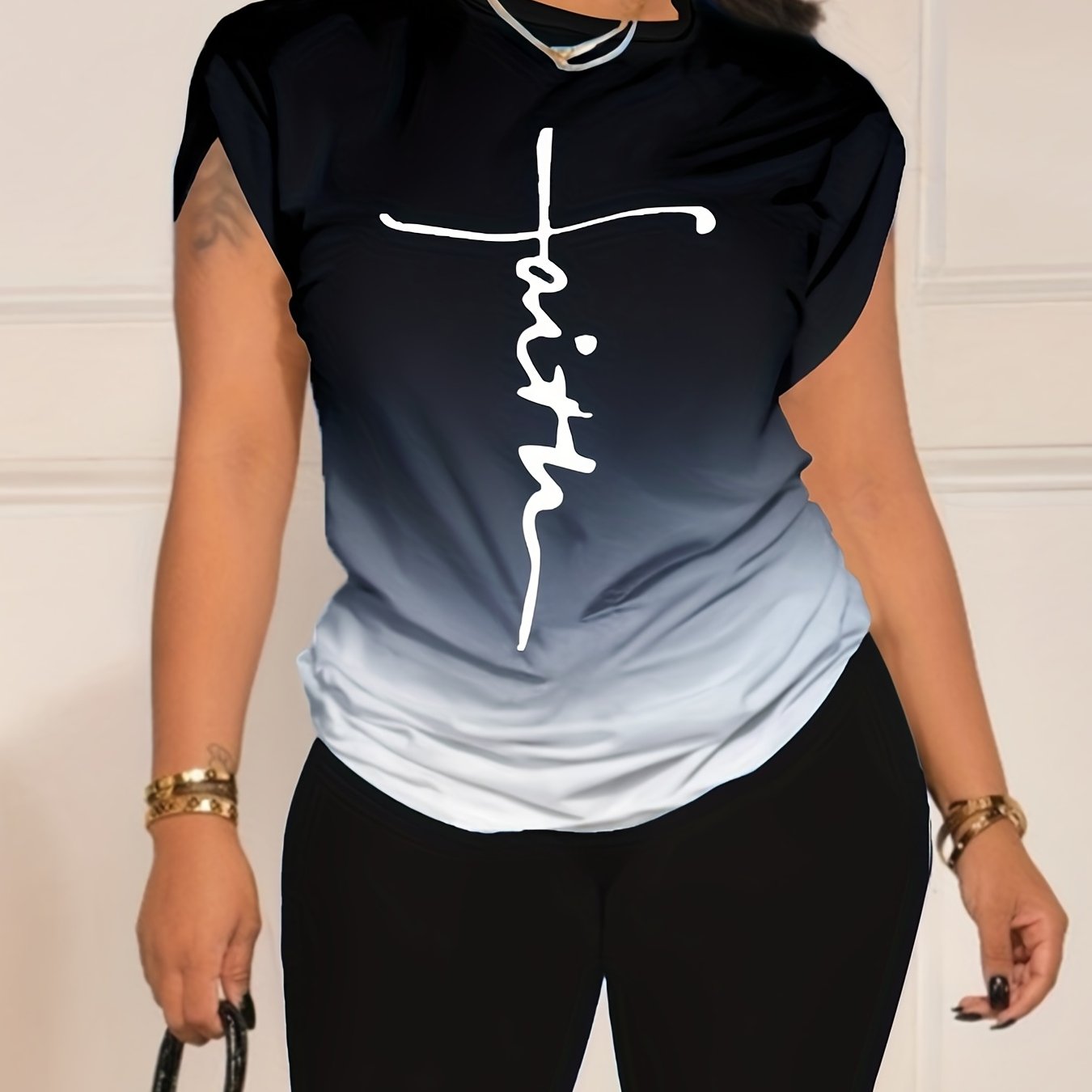 Casual Daily Two-piece Set, Faith Letter Print Short Sleeve Tops & Solid Shorts Outfits, Women's Clothing