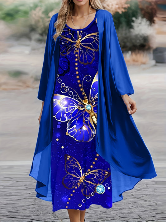 Casual Loose Two-piece Dress Set, Solid Long Sleeve Open Front Top & Butterfly Print Spaghetti Strap Dress Outfits, Women's Clothing