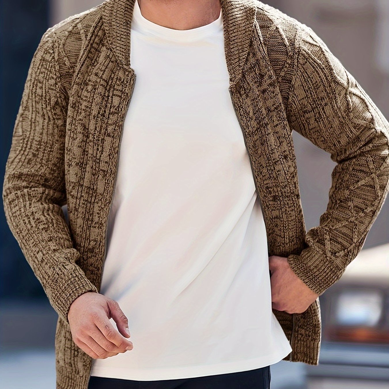Mens Shawl Neck Cardigan Sweater Cable Knit Zip Up Closure with Pockets Winter Jacket Outerwear