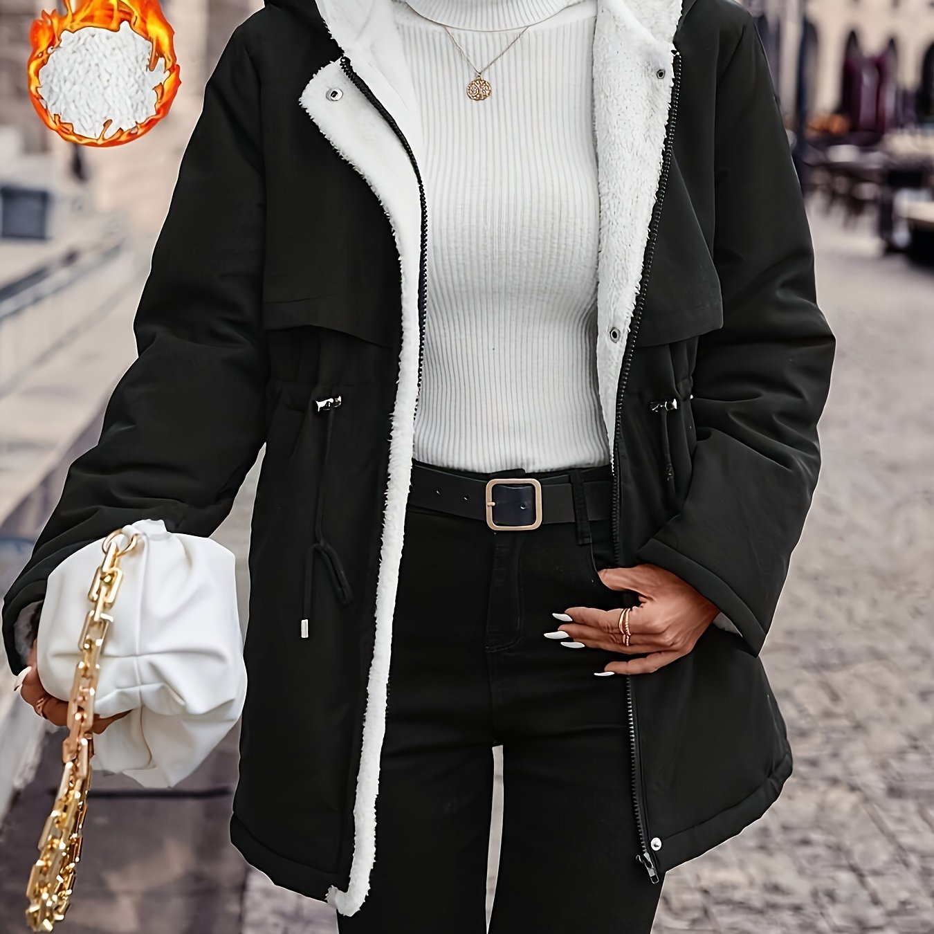 [Cozy Fleece-Lined Winter Coat] Warm, Thick Women's Cozy Fleece-Lined Hooded Winter Coat | Zip-Up Hood & Drawstring Waist | Black, Perfect for Cold Weather, Winter Jacket