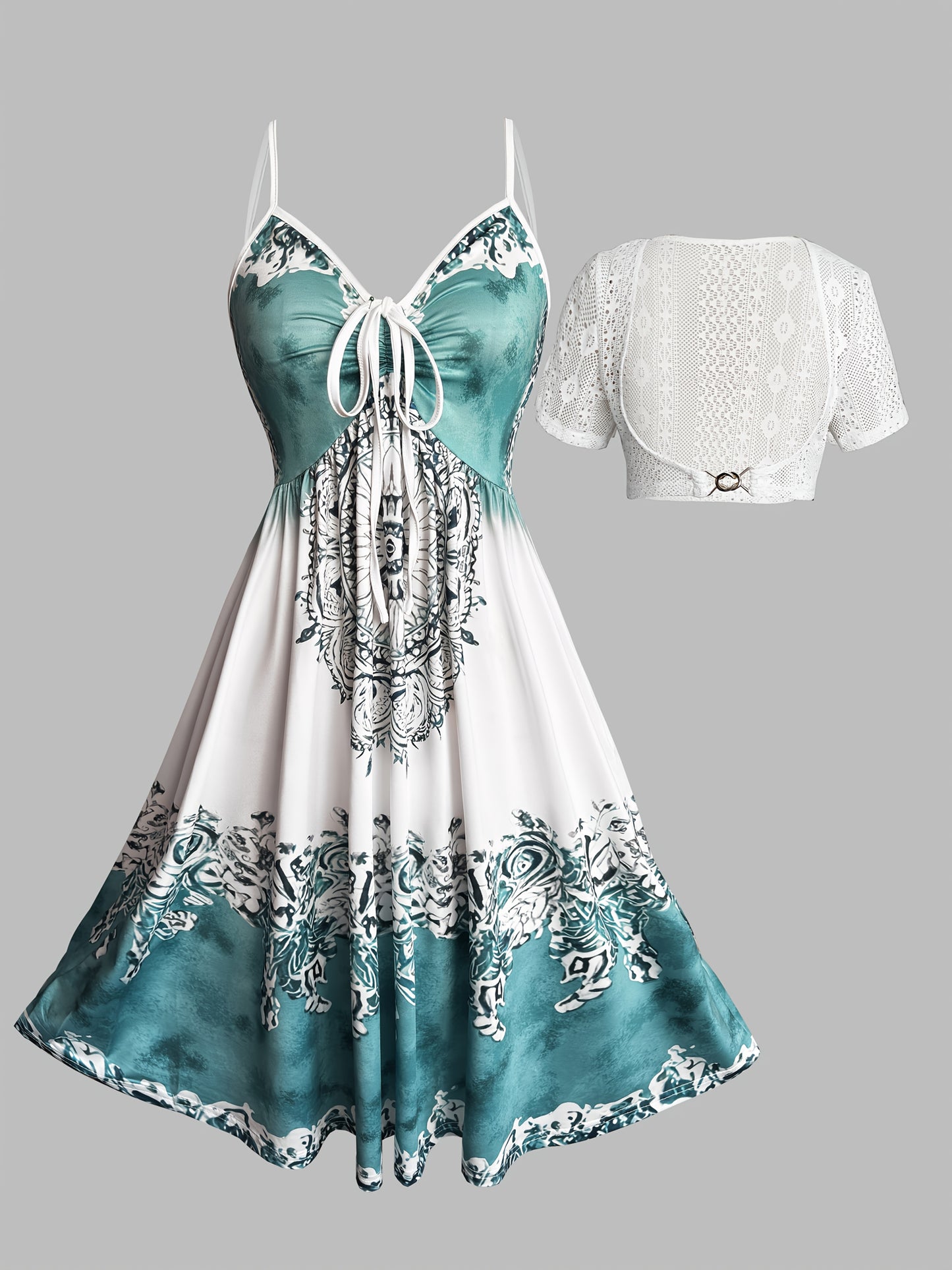 Vacation Ethnic Positioning Print Strap Skirt with Crochet Hollow Lace Short Outerwear Dress Two-Piece Set, Totem Print Vacation Two-Piece Dress Set, Spring and Summer Wearable Dress Two-Piece Set