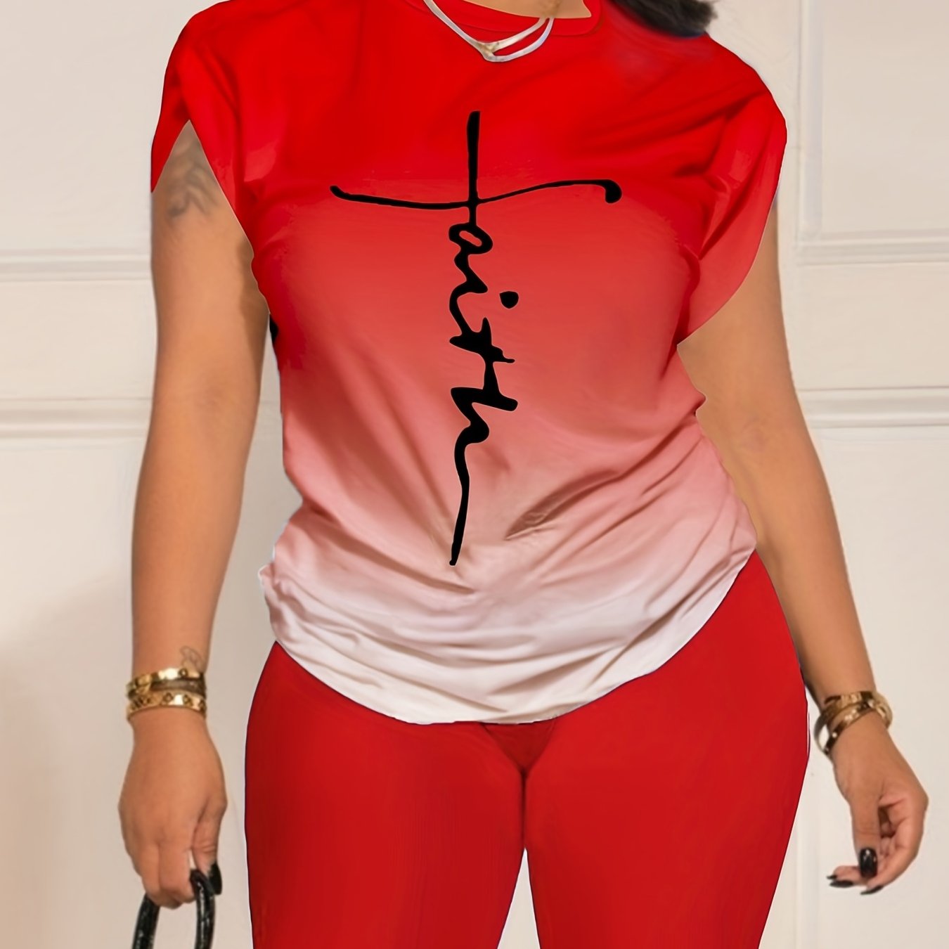 Casual Daily Two-piece Set, Faith Letter Print Short Sleeve Tops & Solid Shorts Outfits, Women's Clothing