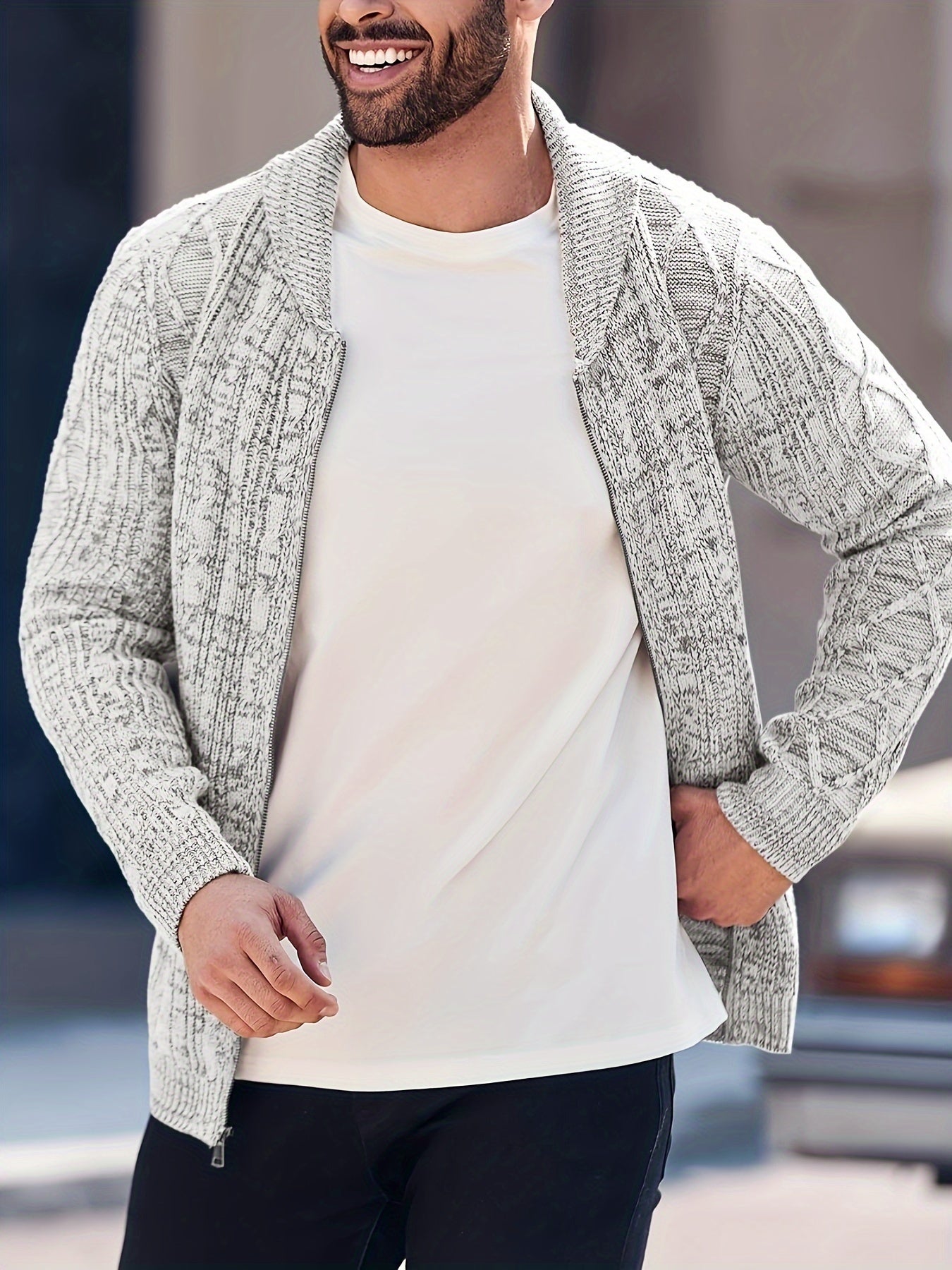 Mens Shawl Neck Cardigan Sweater Cable Knit Zip Up Closure with Pockets Winter Jacket Outerwear