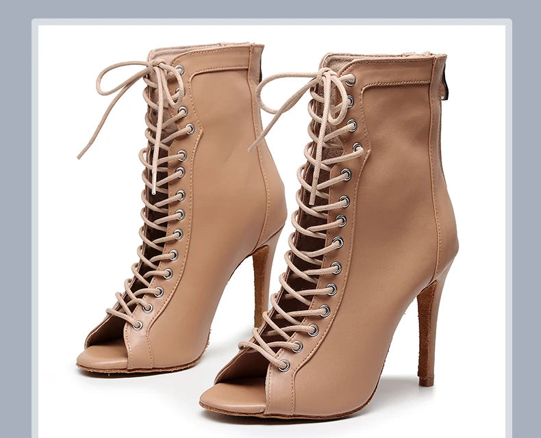 Woman Beige Black Latin Dance Booties Women Open Toe Lace Up Stiletto Bootie for Girls Suede Sole High Heel Dance Boots Shoes