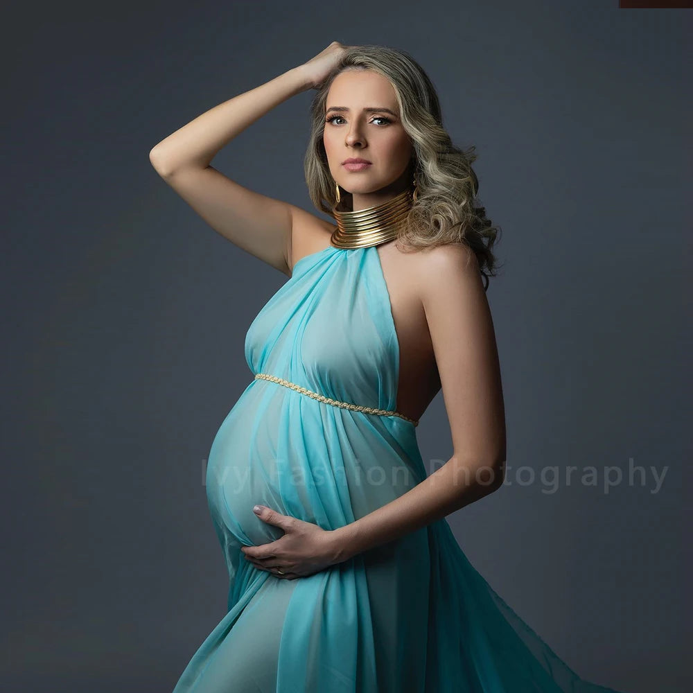 Maternity Photography Gown Sexy Elegant Long Dresses Gold Color Leather African Posing Props For Pregnant Women Photography