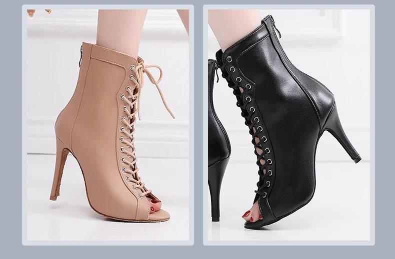 Woman Beige Black Latin Dance Booties Women Open Toe Lace Up Stiletto Bootie for Girls Suede Sole High Heel Dance Boots Shoes