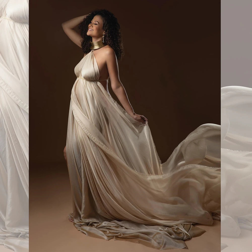 Maternity Photography Gown Sexy Elegant Long Dresses Gold Color Leather African Posing Props For Pregnant Women Photography