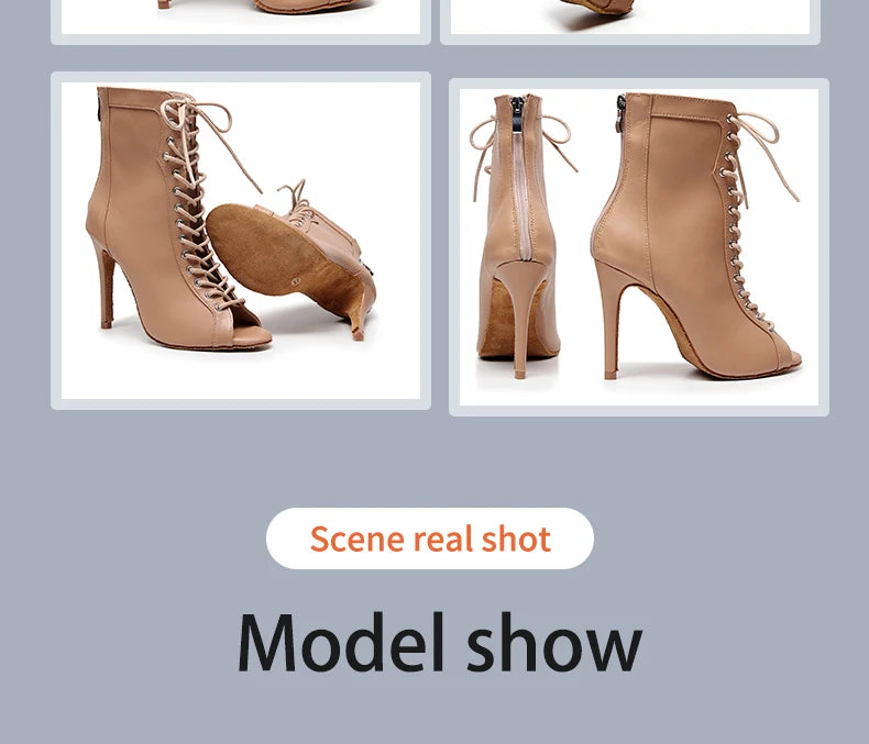 Woman Beige Black Latin Dance Booties Women Open Toe Lace Up Stiletto Bootie for Girls Suede Sole High Heel Dance Boots Shoes