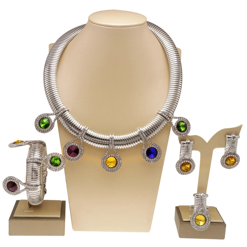 Women Jewelry Set Luxury 24K Gold Plated Colorful Rhinestone Necklace Earrings Gorgeous Wedding Banquet Jewelry Costume