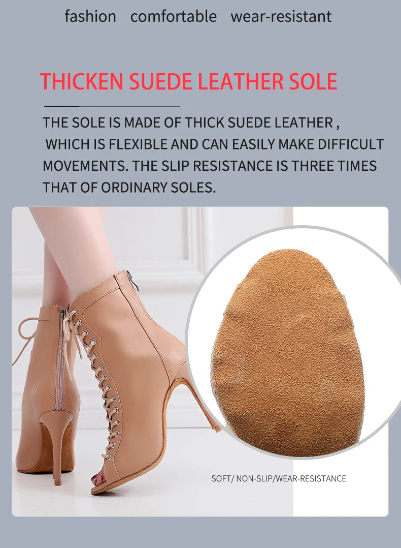 Woman Beige Black Latin Dance Booties Women Open Toe Lace Up Stiletto Bootie for Girls Suede Sole High Heel Dance Boots Shoes