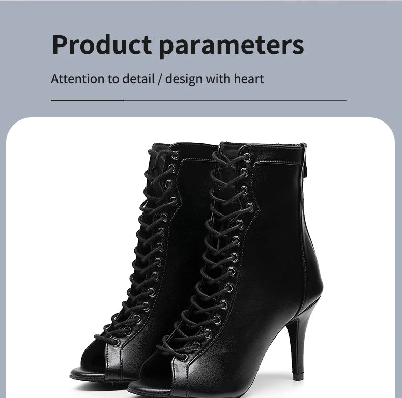Woman Beige Black Latin Dance Booties Women Open Toe Lace Up Stiletto Bootie for Girls Suede Sole High Heel Dance Boots Shoes