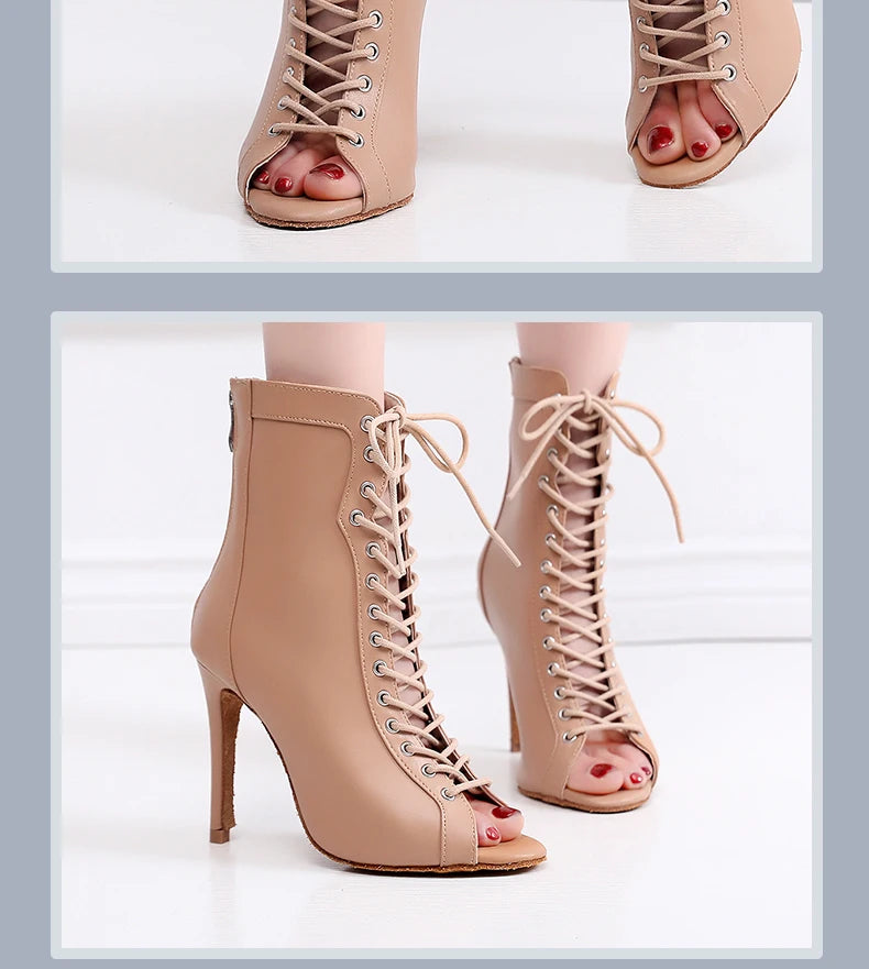 Woman Beige Black Latin Dance Booties Women Open Toe Lace Up Stiletto Bootie for Girls Suede Sole High Heel Dance Boots Shoes