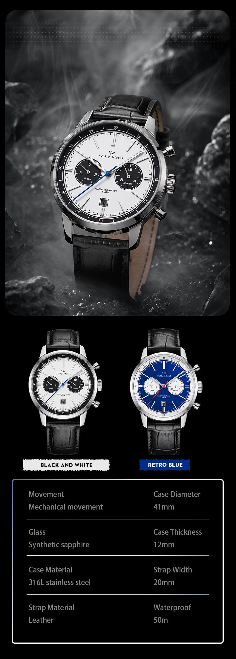 WM Watch Automatic Mechanical Watch Man Business Casual Watches Stainless Steel Sapphire Waterproof For Men Welly Merck 138M-WM