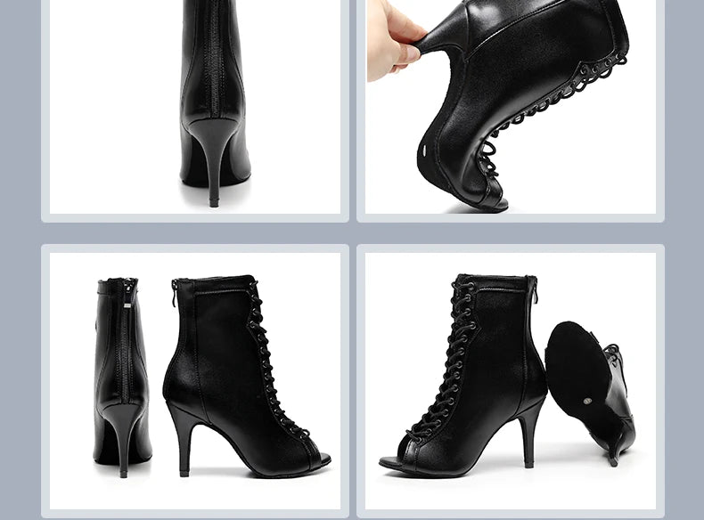 Woman Beige Black Latin Dance Booties Women Open Toe Lace Up Stiletto Bootie for Girls Suede Sole High Heel Dance Boots Shoes