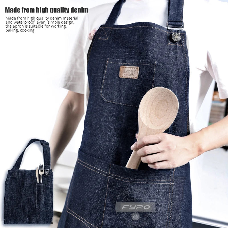 Unisex Simple Denim Apron Kitchen Accessory Sleeveless Apron Cooking Restaurant Barista Work Apron Durable Sanitary Baking Apron