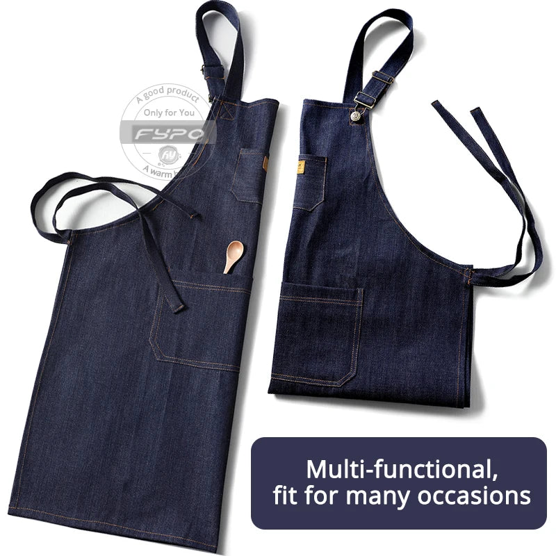 Unisex Simple Denim Apron Kitchen Accessory Sleeveless Apron Cooking Restaurant Barista Work Apron Durable Sanitary Baking Apron