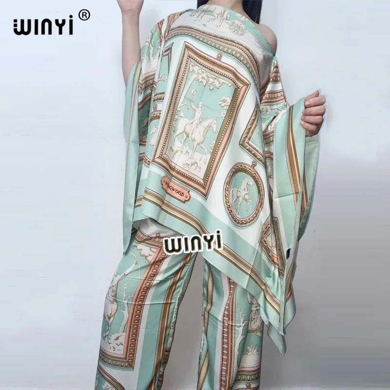 العبايات  two-piece suit Bohemian Printed Over Size V-neck Batwing Sleeve Dress Women Elastic Silk Floor Length New Fashion Tide