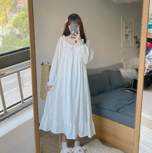 Spring Autumn Women's Sleepwear Night Dress Cotton Mesh Long Sleeve Home Wear Clothes Ladies Night Sleep Shirts Nightgown Woman