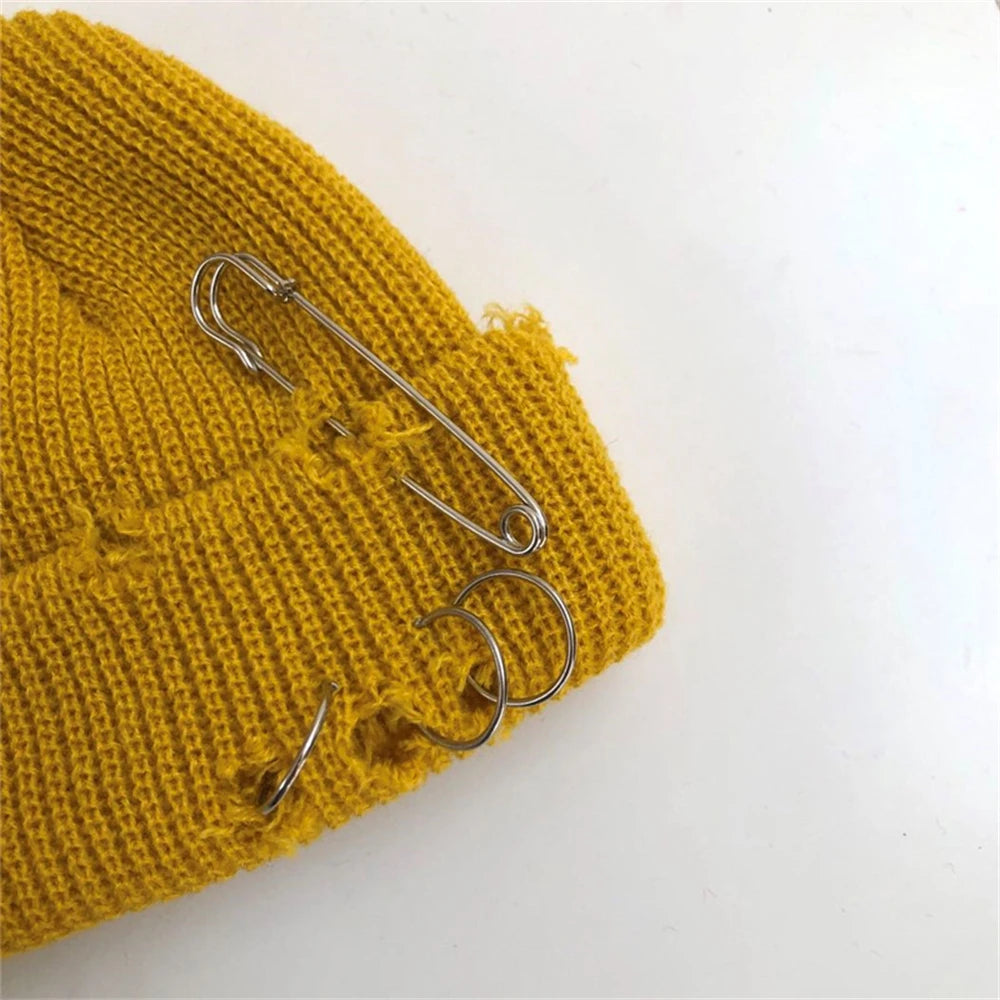 Hat for Women Autumn and Winter Ring Pin Street Hip-Hop Woolen Hats with Holes Edging Knit Cap Men's Trendy Cold-proof Beanies