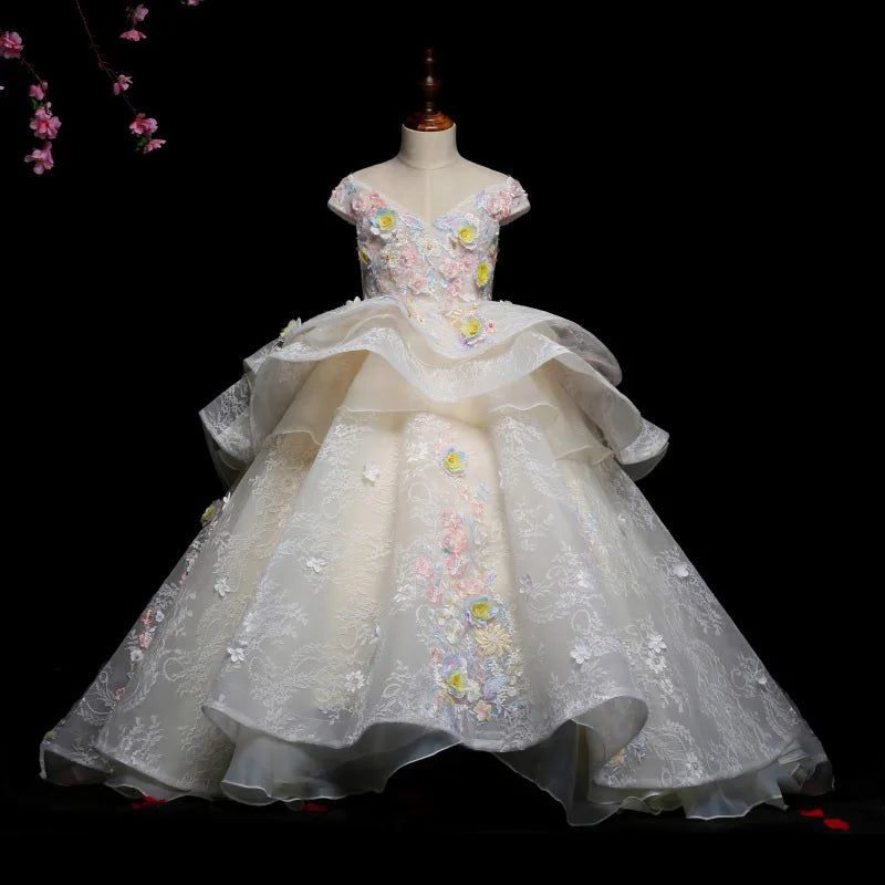 Kids Pageant Evening Gowns Lace Flower Gown Girl Dress Weddings Birthday Party Robe For Girls First Communion Dresses