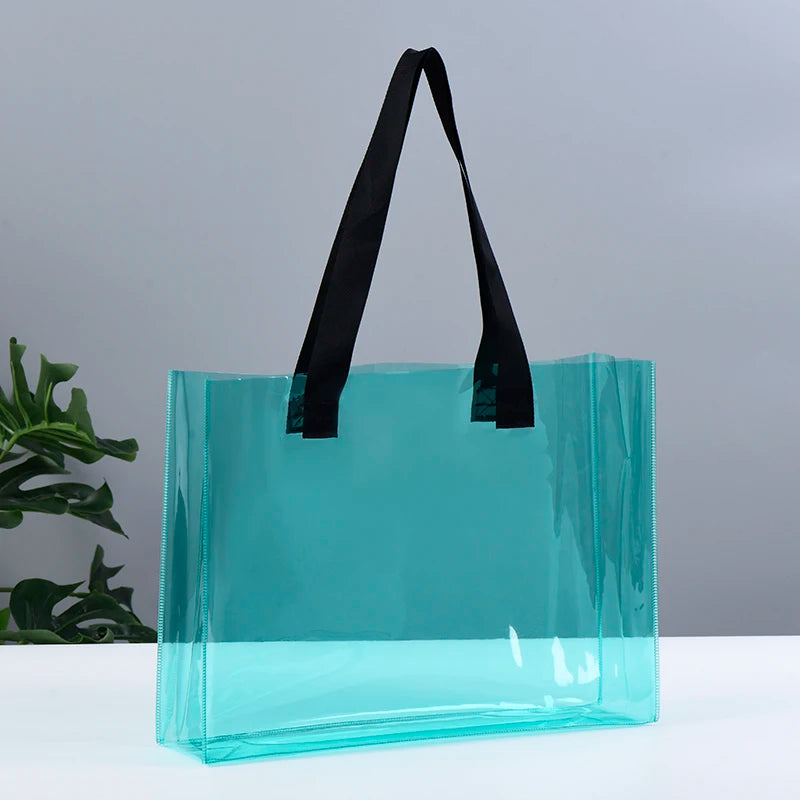 Ready to Ship Can Custom logo Luxury Large Handbags Women Tote Bag Pvc Iridescent Holographic Tote Beach Bag PU Ribbon Handles