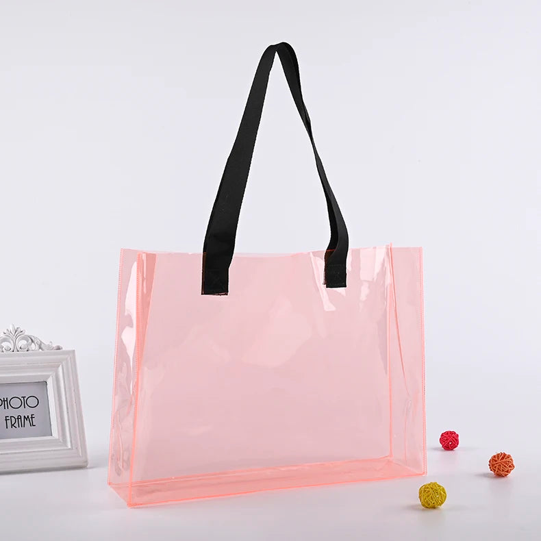 Ready to Ship Can Custom logo Luxury Large Handbags Women Tote Bag Pvc Iridescent Holographic Tote Beach Bag PU Ribbon Handles