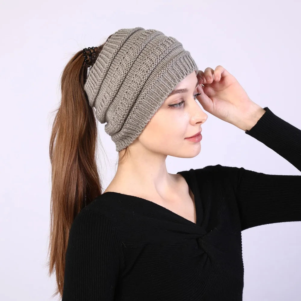 hats for women knitted hat cotton winter beanies with ponytails black knit fleece pink Autumn Solid Color ladies cap