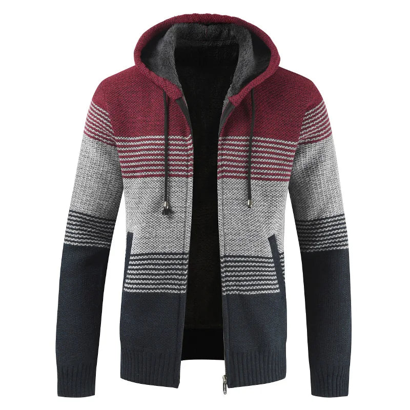Sweater Coat Men 2024 Winter Thick Warm Hooded Cardigan Jumpers Men Striped Wool Liner Zipper Fleece Coats Men