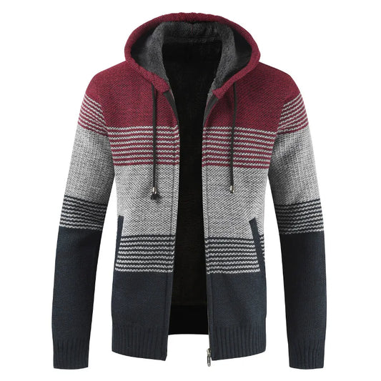 Sweater Coat Men 2024 Winter Thick Warm Hooded Cardigan Jumpers Men Striped Wool Liner Zipper Fleece Coats Men