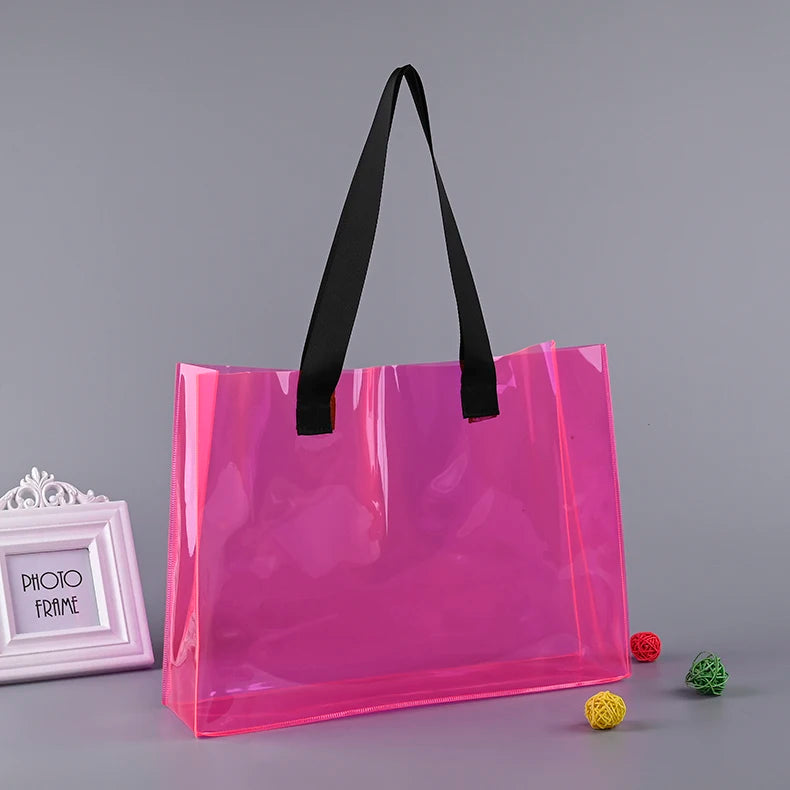 Ready to Ship Can Custom logo Luxury Large Handbags Women Tote Bag Pvc Iridescent Holographic Tote Beach Bag PU Ribbon Handles