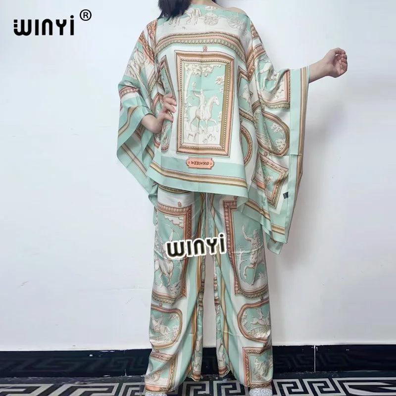 العبايات  two-piece suit Bohemian Printed Over Size V-neck Batwing Sleeve Dress Women Elastic Silk Floor Length New Fashion Tide