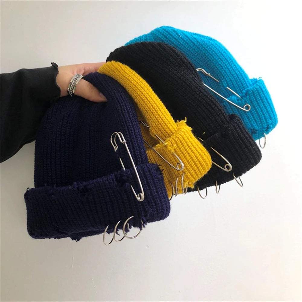 Hat for Women Autumn and Winter Ring Pin Street Hip-Hop Woolen Hats with Holes Edging Knit Cap Men's Trendy Cold-proof Beanies