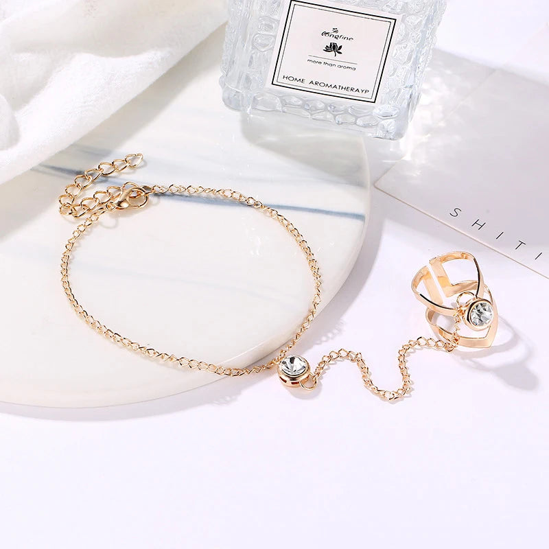 Gold Big Crystal Ring Bracelet For Women Wrist Chain Jewelry Hand Back Chain Fashion Bangles Female Arm Link Ornaments Gifts
