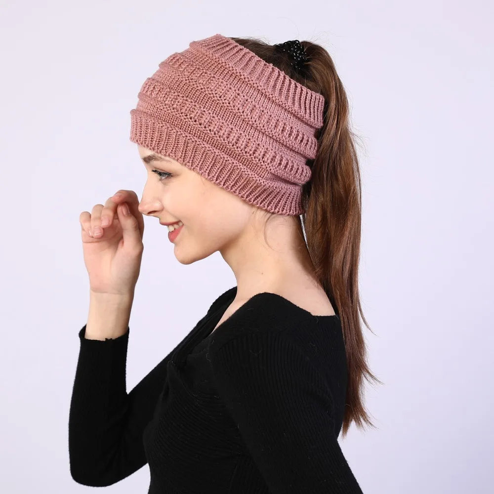 hats for women knitted hat cotton winter beanies with ponytails black knit fleece pink Autumn Solid Color ladies cap