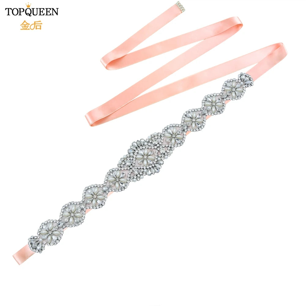 TOPQUEEN Bridal Belts Bling Wedding Women Jewelry Silver Rhinestone Pearl Crystal Sparkly Party Formal Dress Diamond Sash S161