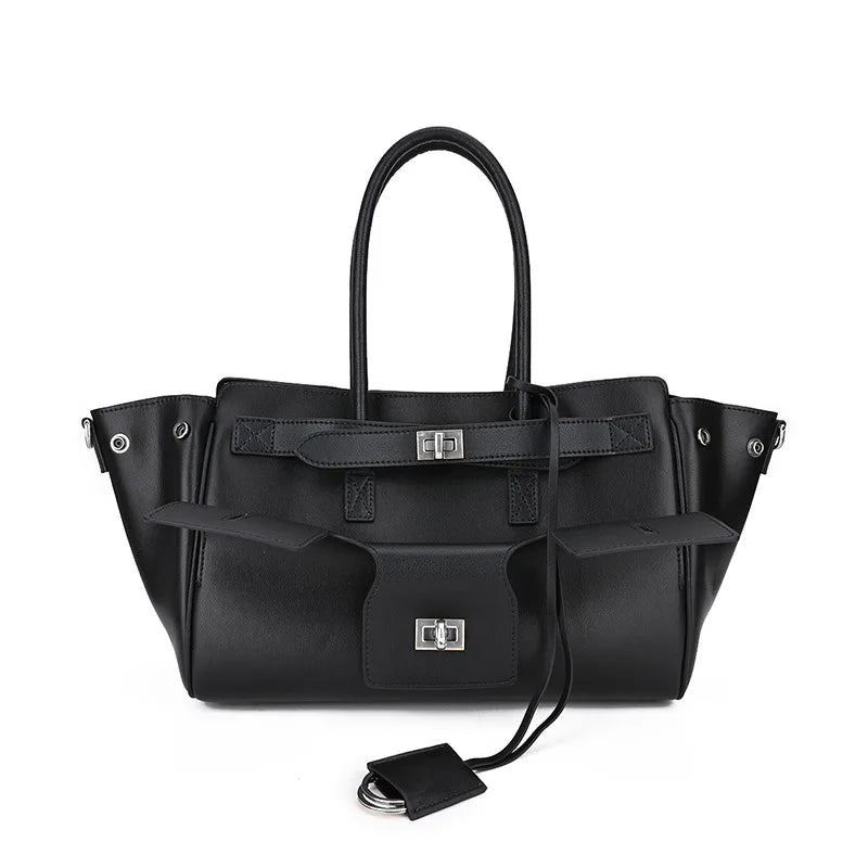 Designer Women's Large Capacity Genuine Leather Tote Handbag Neutral Style with Zipper Closure Portable for Motorcycle Use