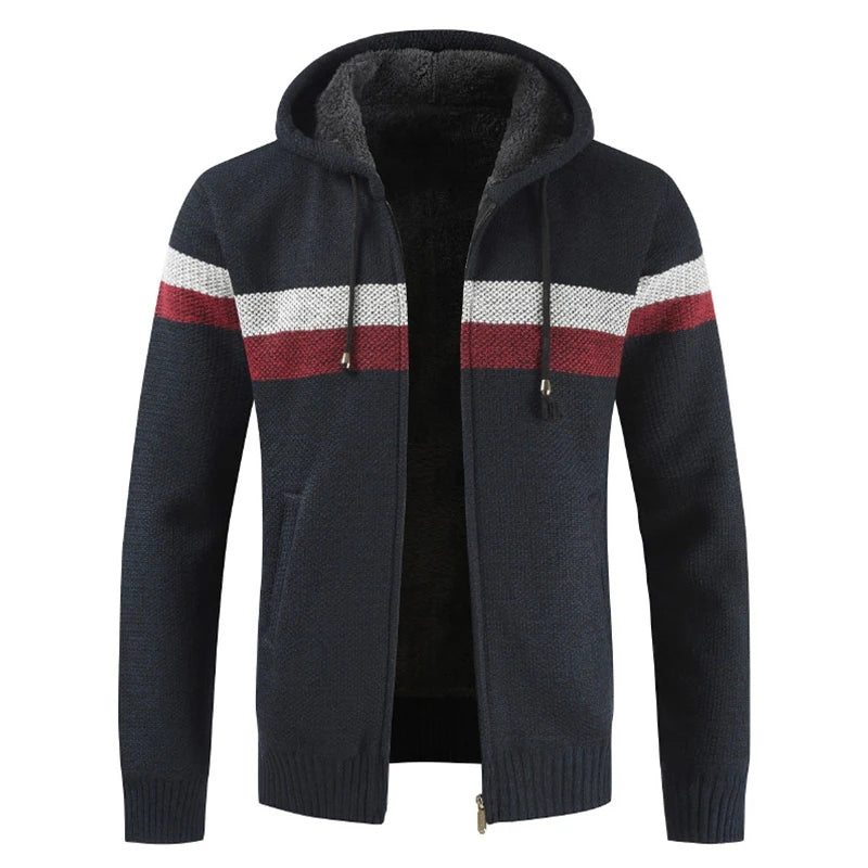 Sweater Coat Men 2024 Winter Thick Warm Hooded Cardigan Jumpers Men Striped Wool Liner Zipper Fleece Coats Men