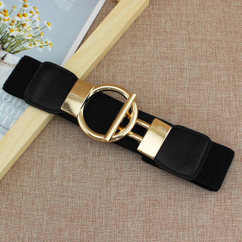 Designer Luxury Fashion Girl Elastic Belt New Dress Skirt Elastic Wide Waist Seal Gold Round Buckle Women's Decorative Belts