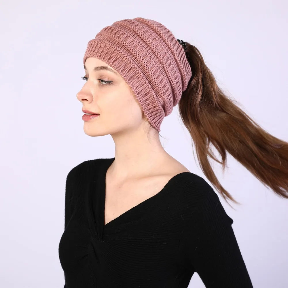 hats for women knitted hat cotton winter beanies with ponytails black knit fleece pink Autumn Solid Color ladies cap