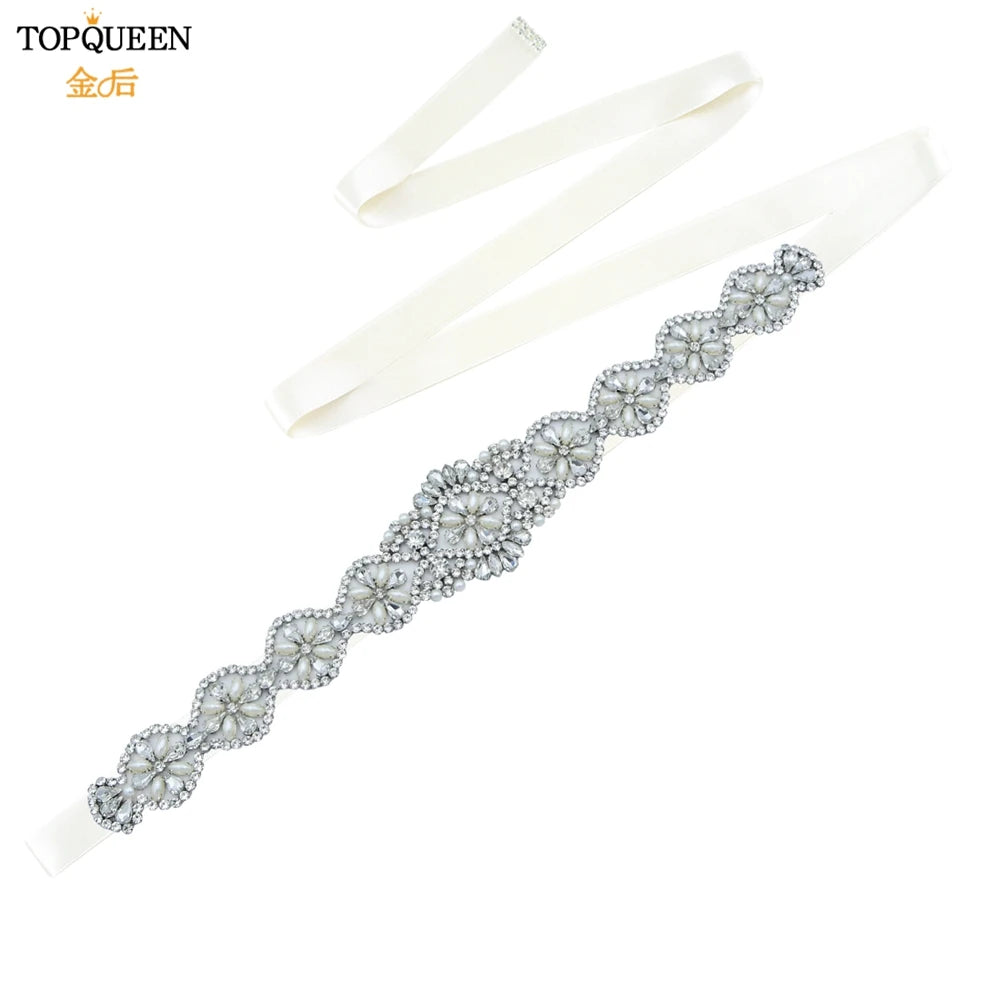 TOPQUEEN Bridal Belts Bling Wedding Women Jewelry Silver Rhinestone Pearl Crystal Sparkly Party Formal Dress Diamond Sash S161