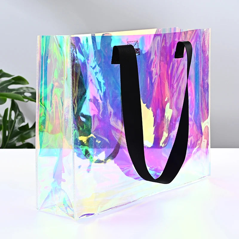 Ready to Ship Can Custom logo Luxury Large Handbags Women Tote Bag Pvc Iridescent Holographic Tote Beach Bag PU Ribbon Handles