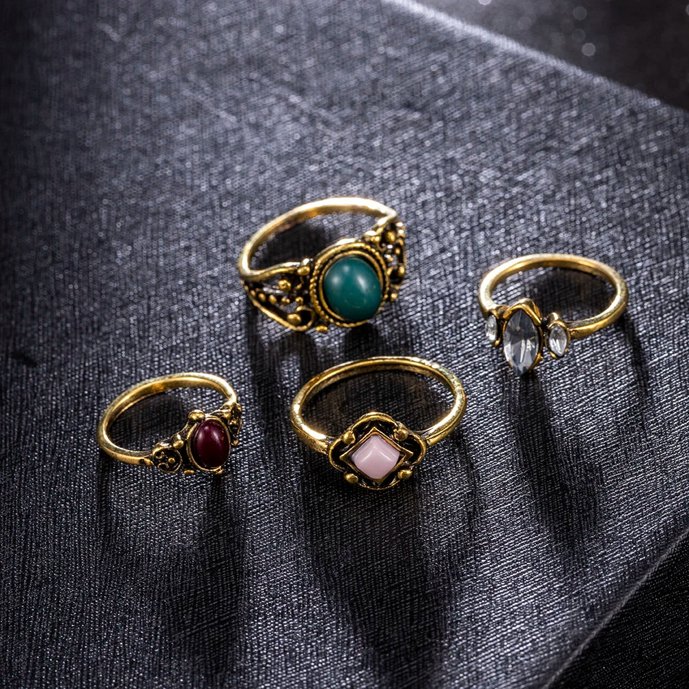 4PCS/Set Forest Vine Leaf Flower Ring Vintage Punk Antique Carved Midi Finger Ring Women Bohemian Rings For Men Jewelry Gifts