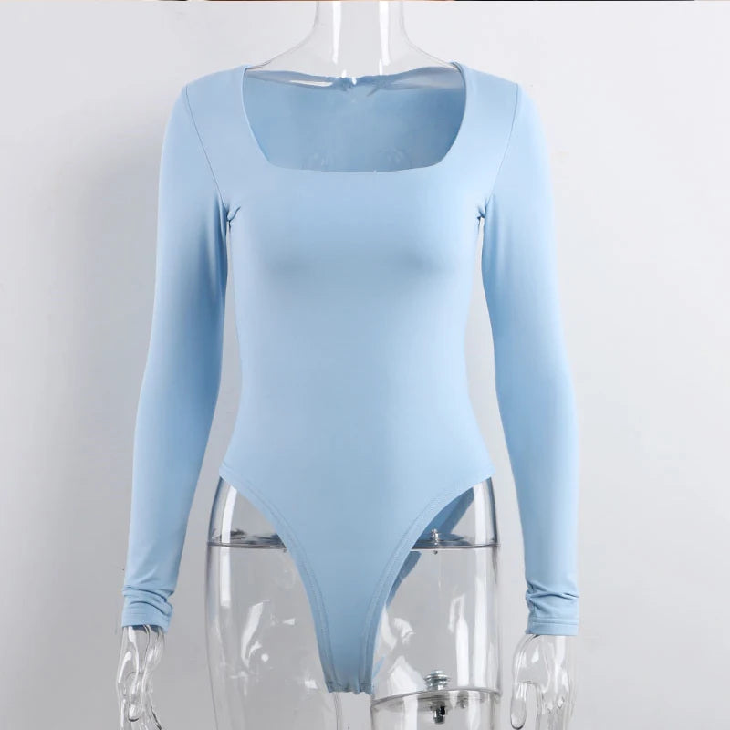 Women Bodysuit Long Sleeve Body streetwear Sexy Bodycon Square Neck Sheath Crotch Basic Black Overalls Top Casual suits Rompers