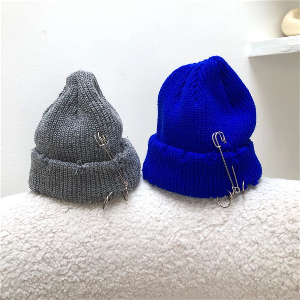 Hat for Women Autumn and Winter Ring Pin Street Hip-Hop Woolen Hats with Holes Edging Knit Cap Men's Trendy Cold-proof Beanies