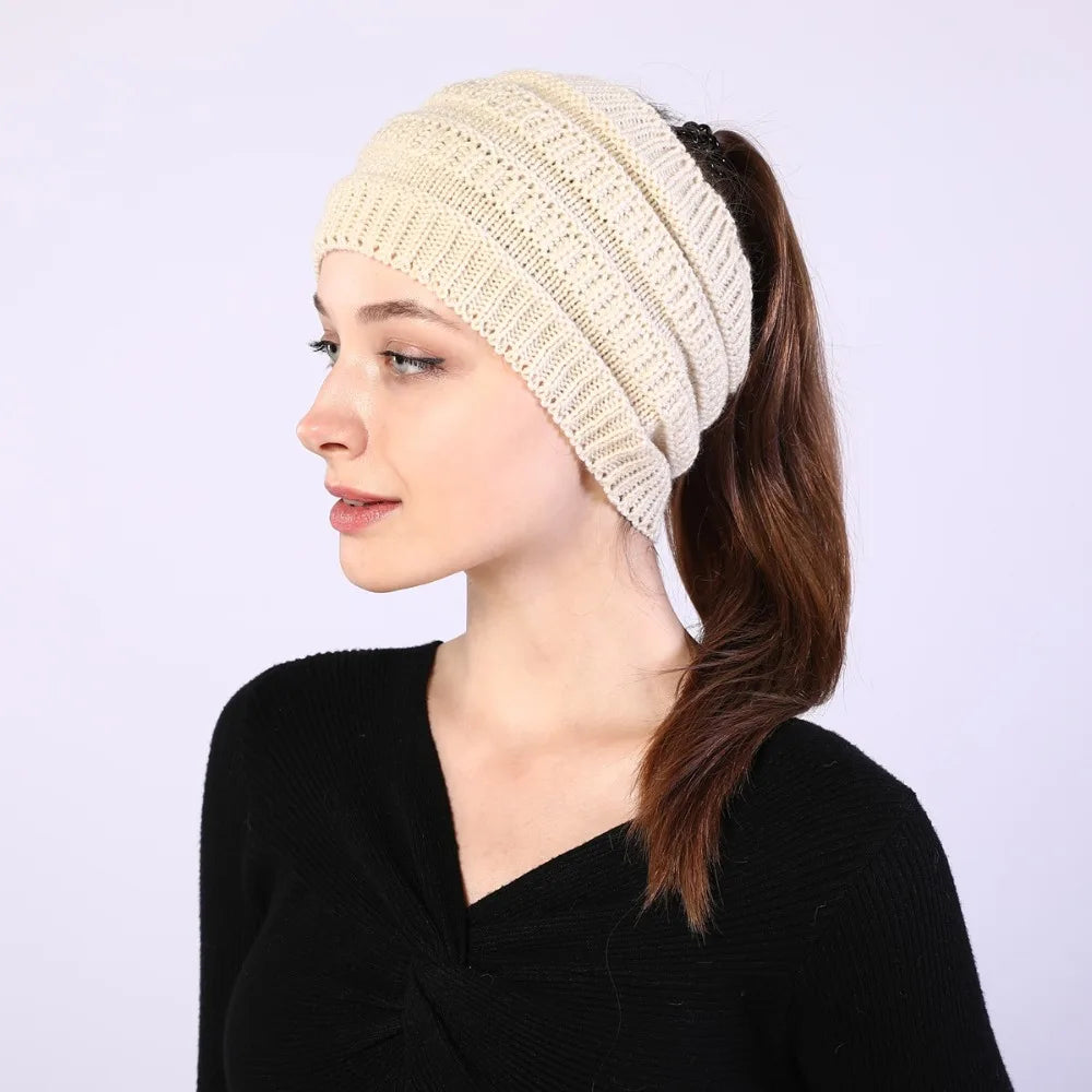 hats for women knitted hat cotton winter beanies with ponytails black knit fleece pink Autumn Solid Color ladies cap